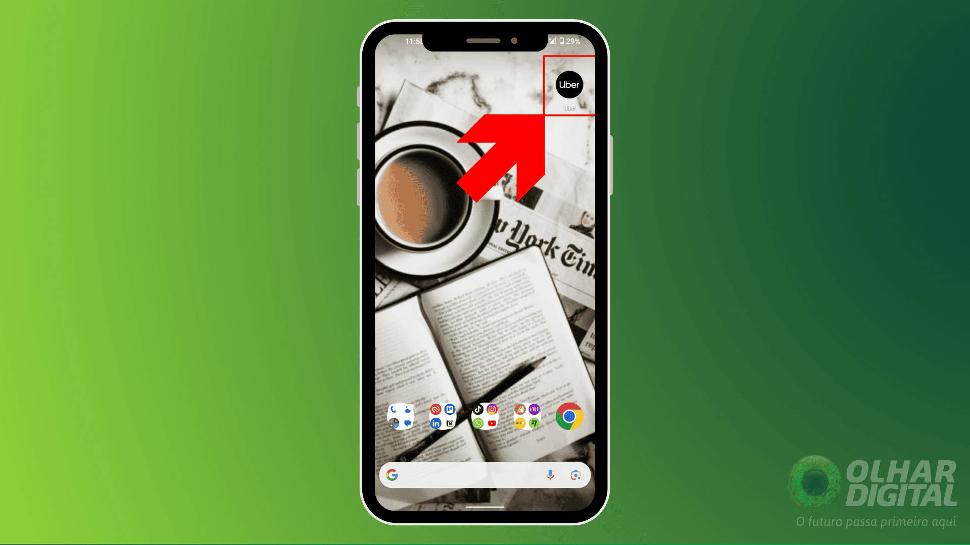 imagem mostra uma seta apontando para o aplicativo da uber na área de trabalho de um celular android