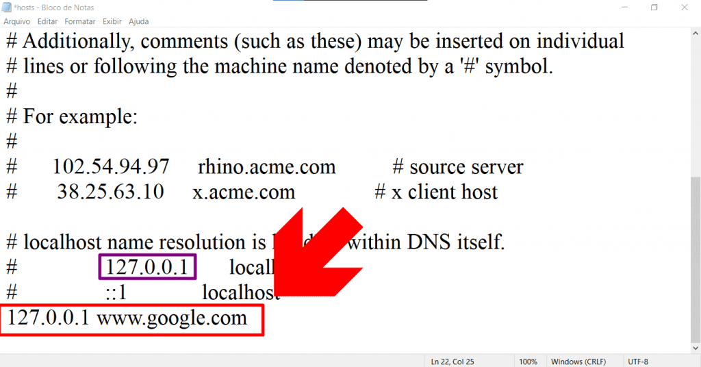 imagem mostra um arquivo no bloco de notas do pc windows e como modificá-lo para bloquear que o pc acesse determinado site