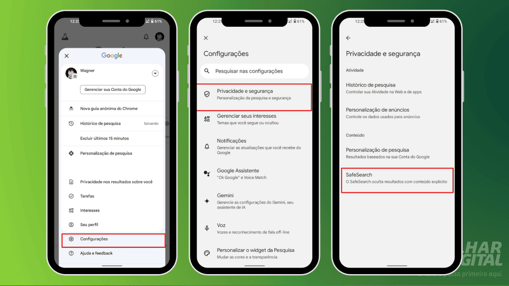 imagem mostra o passo a passo para ativar o safesearch no app google do celular android