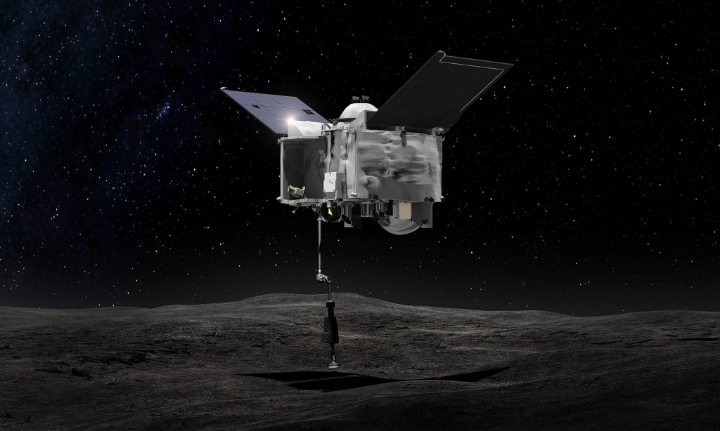 [ Concepção artística da sonda OSIRIS-REx tocando o asteroide Bennu - Créditos: NASA/Goddard Space Flight Center ]